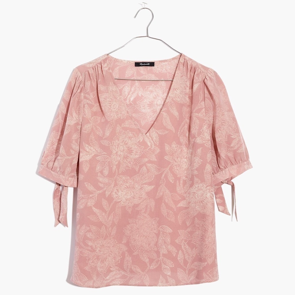 Madewell Silk V-Neck Tie-Sleeve Top in Pindot Blooms